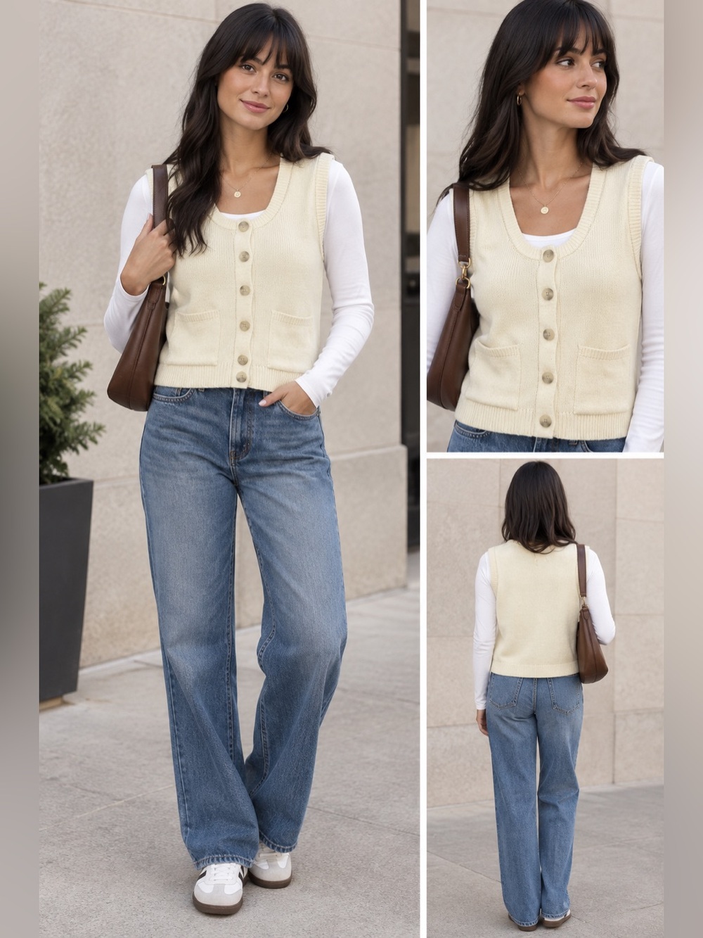 Zara Cream Button-Up Knit Vest